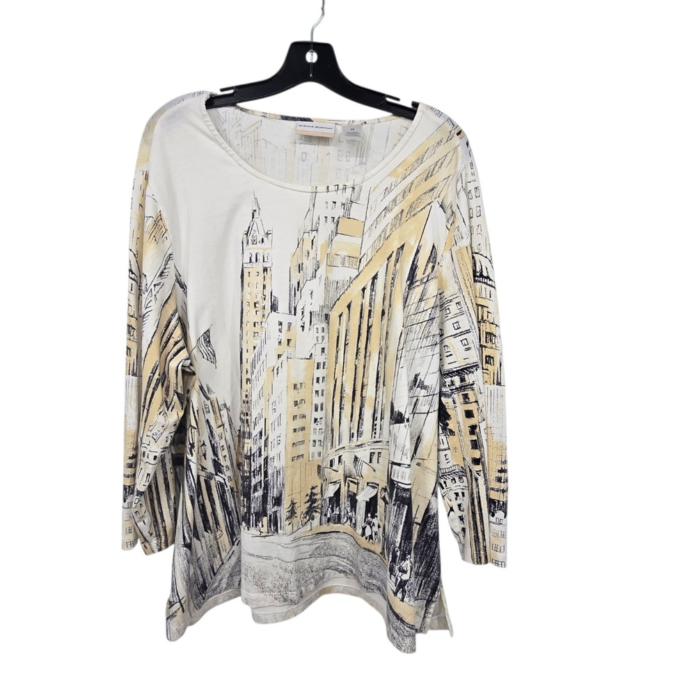 Vintage 90s Alfred Dunner NYC‎ Girl Cityscape Top Women's Plus 2X Yellow Grunge